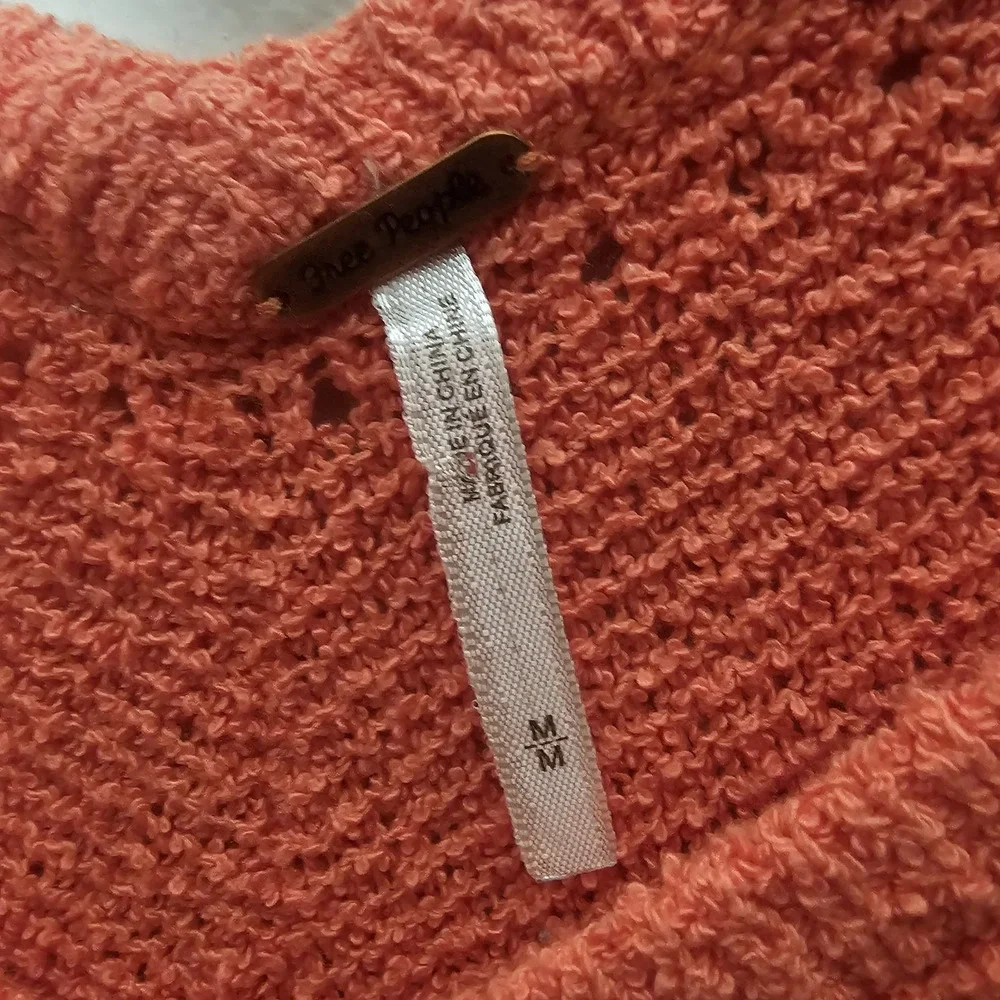 Free People Medium Oversized Cropped Coral‎ Open Knit Sweater Top Frayed Sleeves